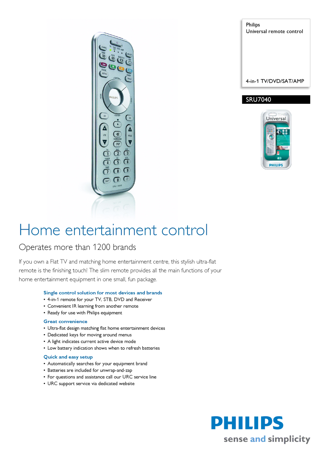 Philips SRU7040 manual Single control solution for most devices and brands, Great convenience, Quick and easy setup 