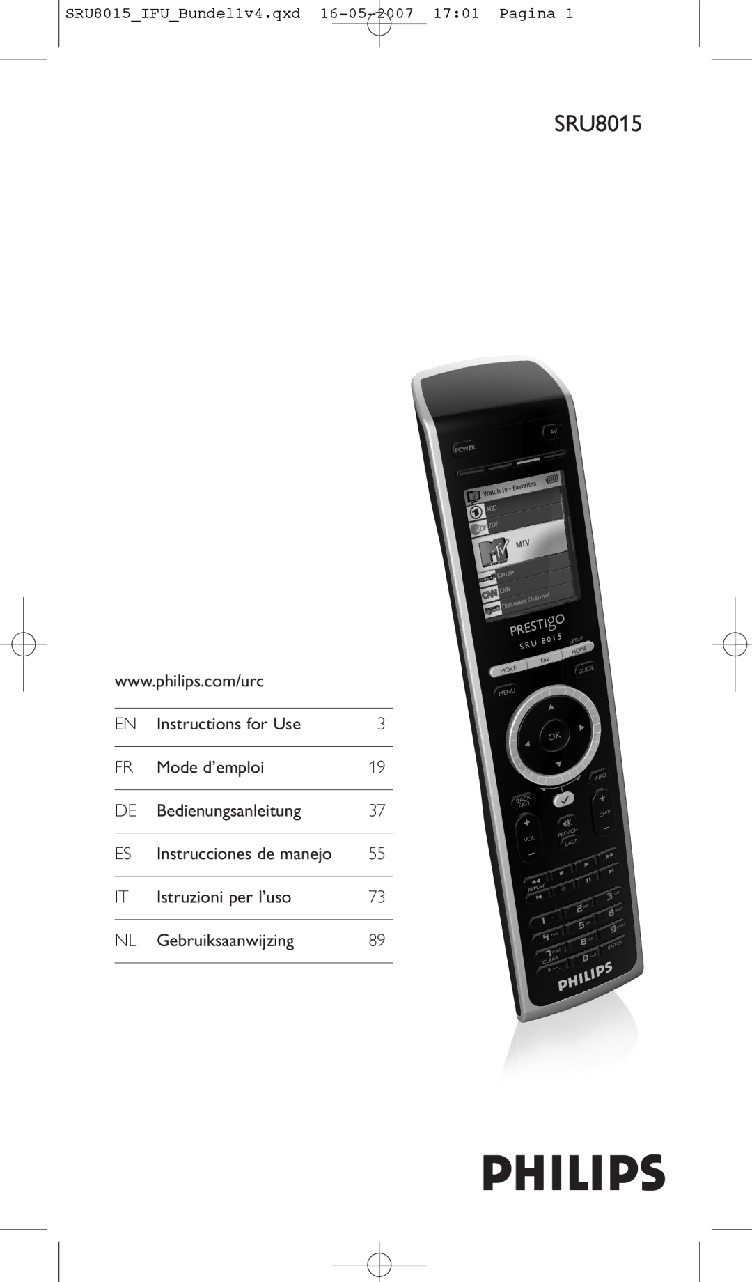 Philips SRU8015 manual Instructions for Use Mode d’emploi Bedienungsanleitung, Istruzioni per l’uso Gebruiksaanwijzing 