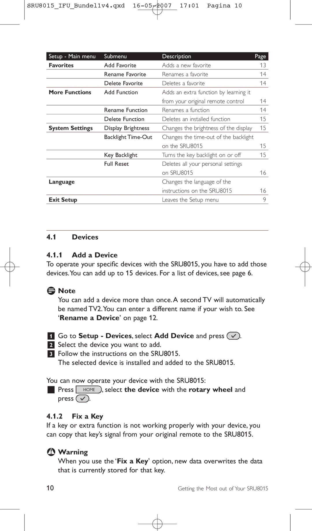 Philips SRU8015 manual Devices Add a Device, Fix a Key 