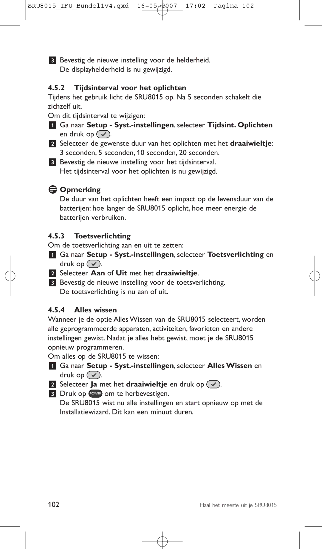 Philips SRU8015 manual Tijdsinterval voor het oplichten, Toetsverlichting, Alles wissen 