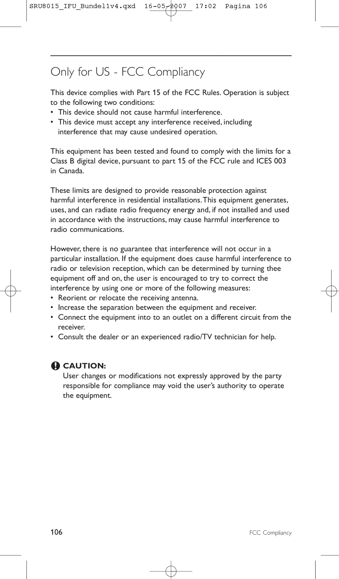 Philips SRU8015 manual Only for US FCC Compliancy 