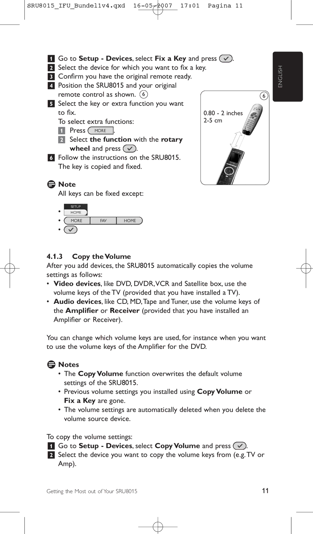 Philips SRU8015 manual Select the function with the rotary, Wheel and press, All keys can be fixed except, Copy the Volume 