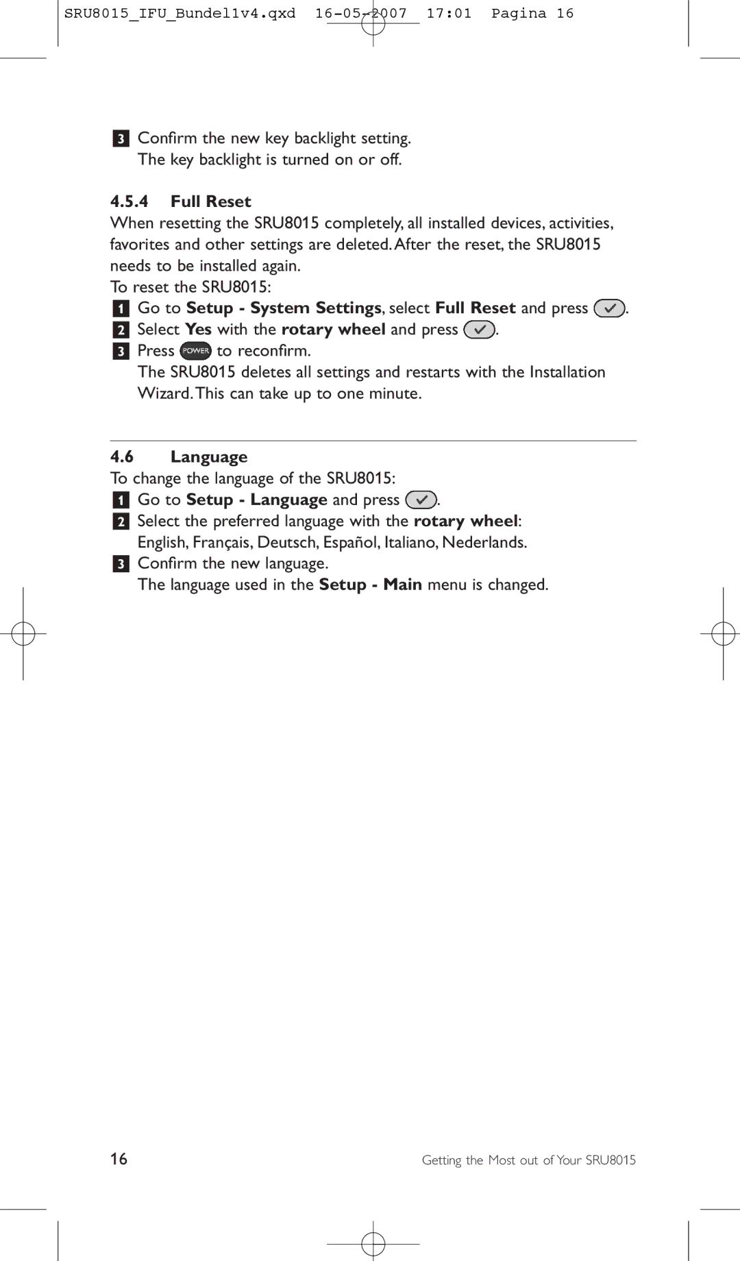 Philips SRU8015 manual Go to Setup System Settings, select Full Reset and press, Language 