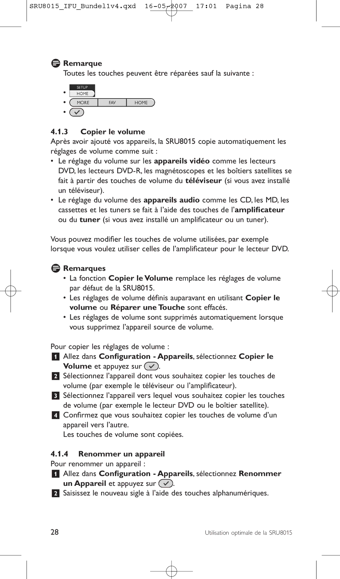 Philips SRU8015 manual Toutes les touches peuvent être réparées sauf la suivante, Copier le volume, Remarques 