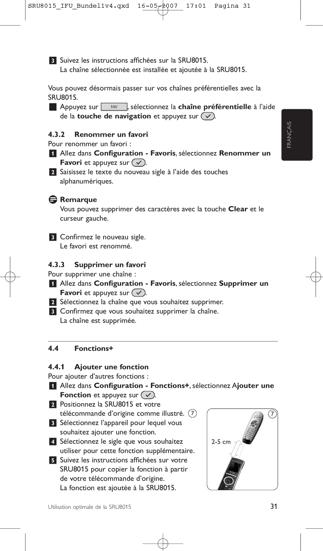 Philips SRU8015 manual De la touche de navigation et appuyez sur, Fonctions+ 