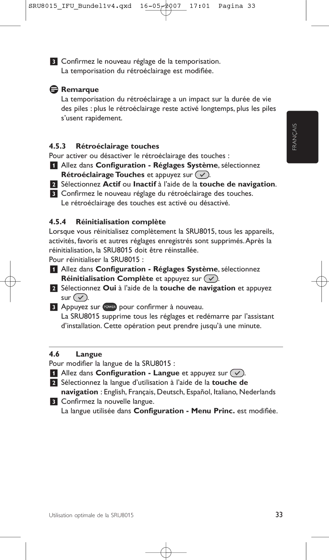 Philips SRU8015 manual 3 Rétroéclairage touches, 4 Réinitialisation complète, Langue 