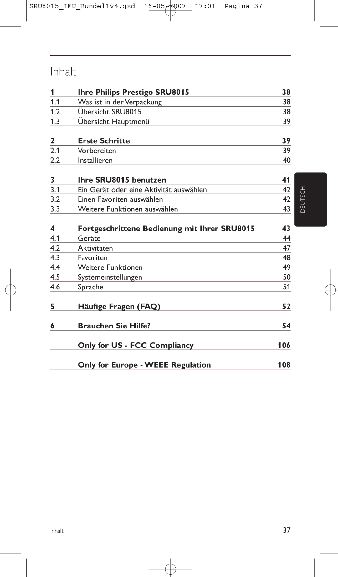 Philips manual Inhalt, Ihre Philips Prestigo SRU8015, Erste Schritte, Ihre SRU8015 benutzen 