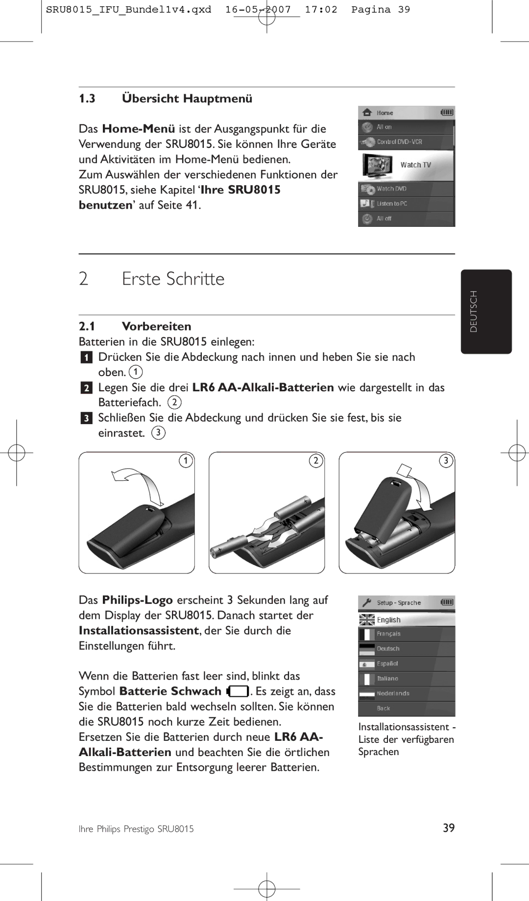 Philips SRU8015 manual Erste Schritte, Übersicht Hauptmenü, Vorbereiten 