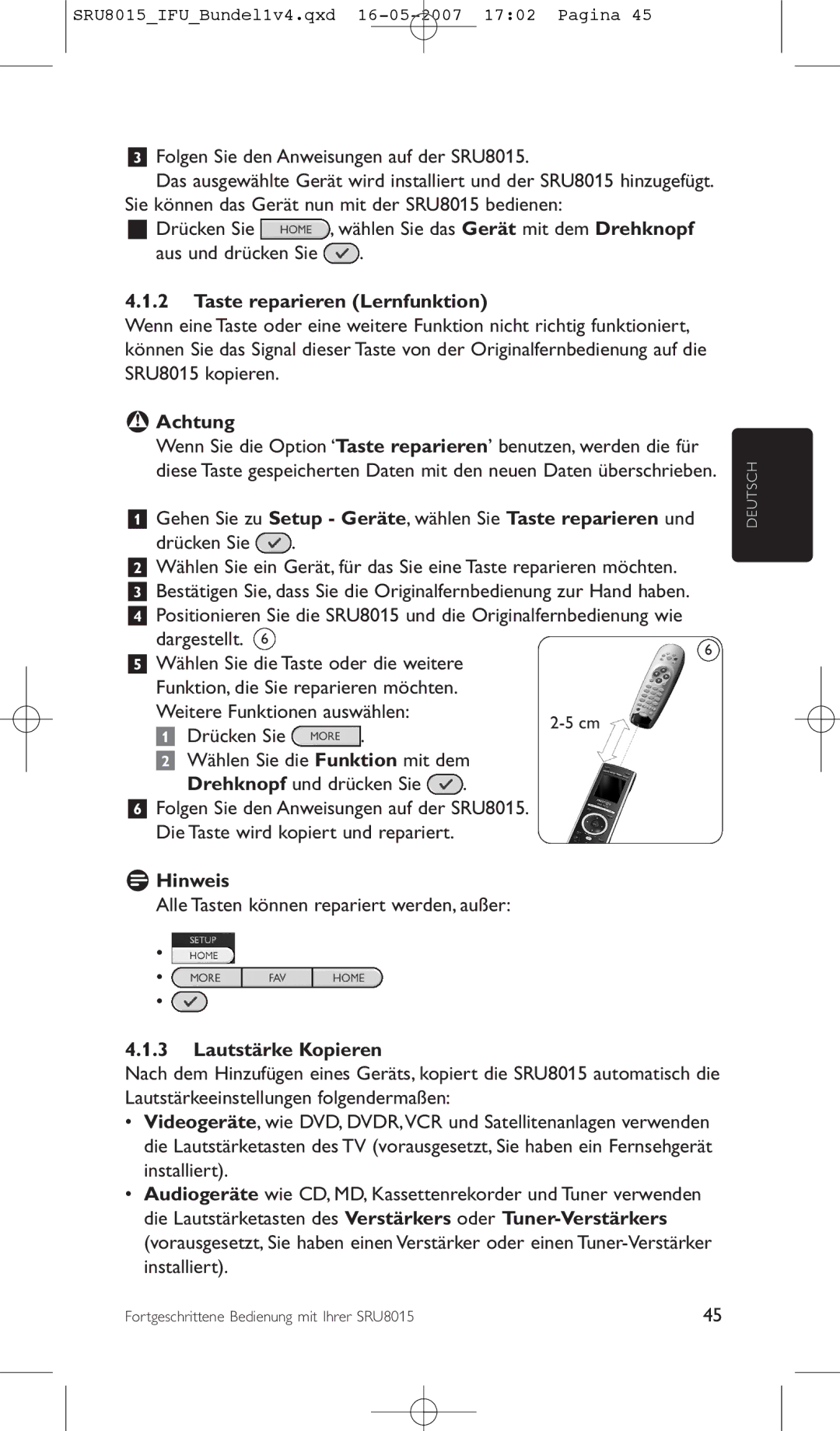 Philips SRU8015 manual Taste reparieren Lernfunktion, Achtung, Lautstärke Kopieren 