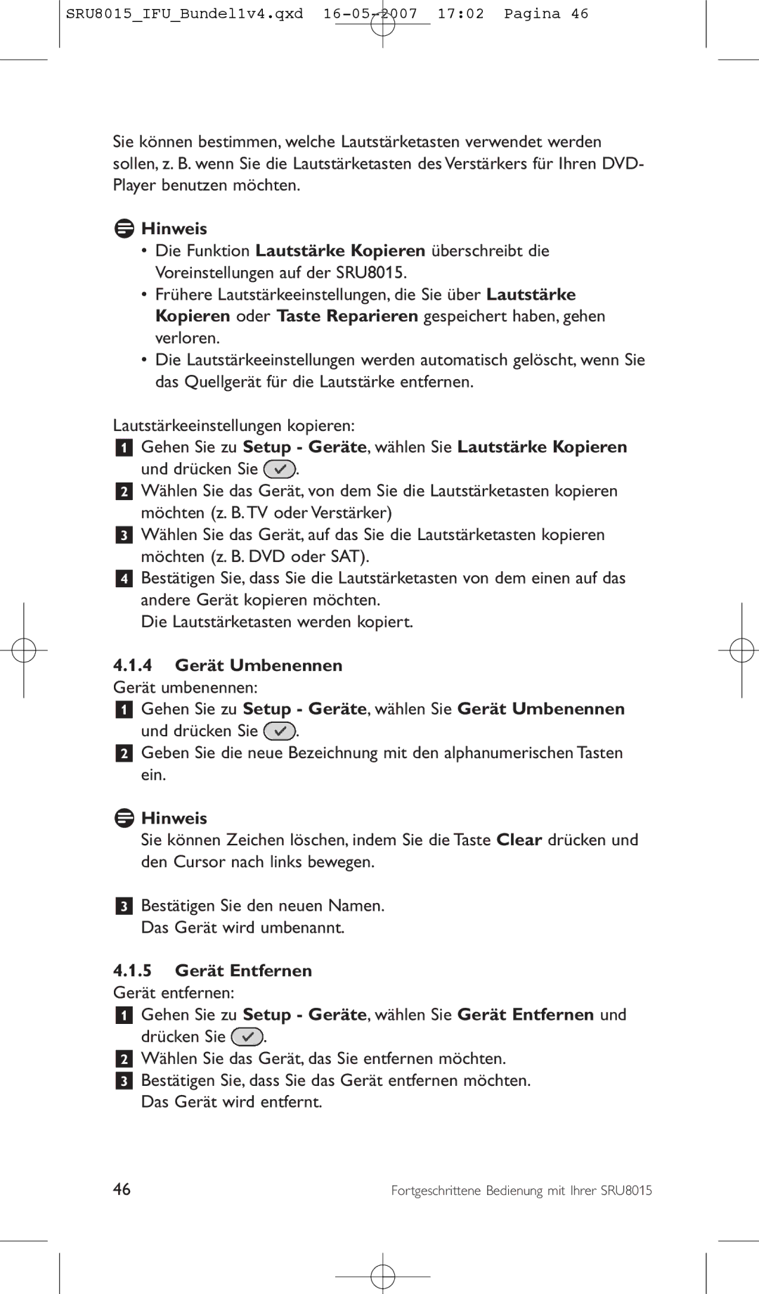 Philips SRU8015 manual Gehen Sie zu Setup Geräte, wählen Sie Lautstärke Kopieren 