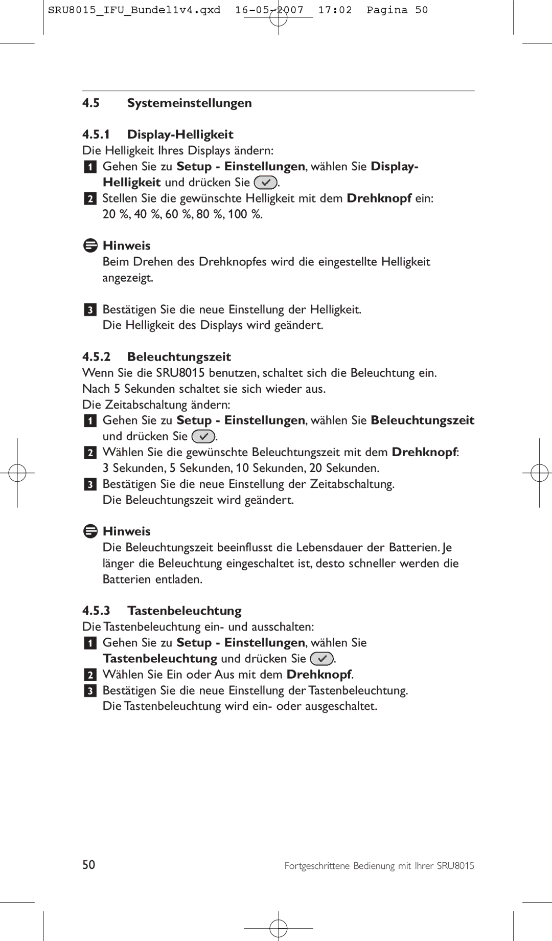 Philips SRU8015 manual Systemeinstellungen Display-Helligkeit, Gehen Sie zu Setup Einstellungen, wählen Sie Display 