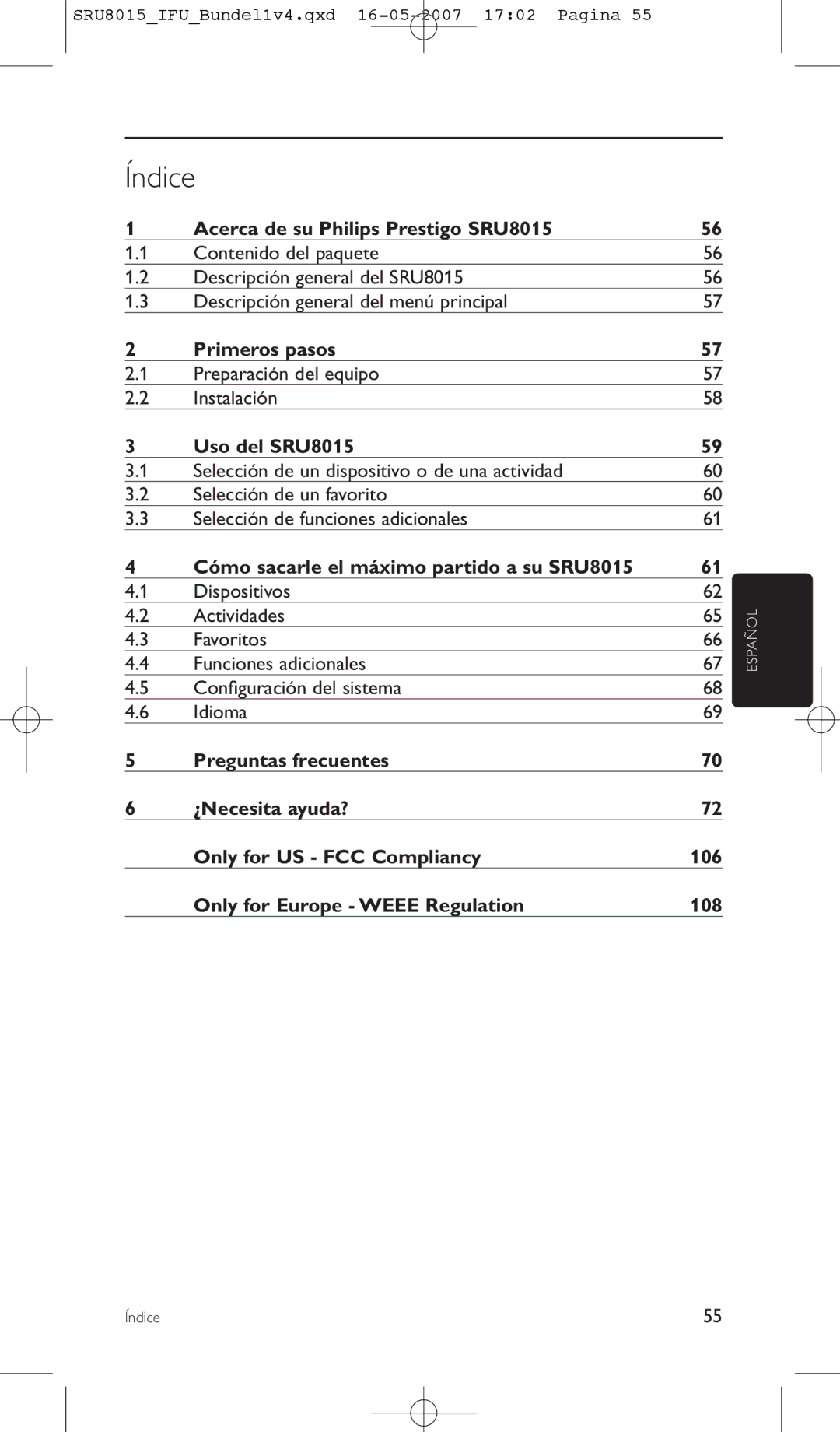 Philips manual Índice, Acerca de su Philips Prestigo SRU8015, Primeros pasos, Uso del SRU8015 