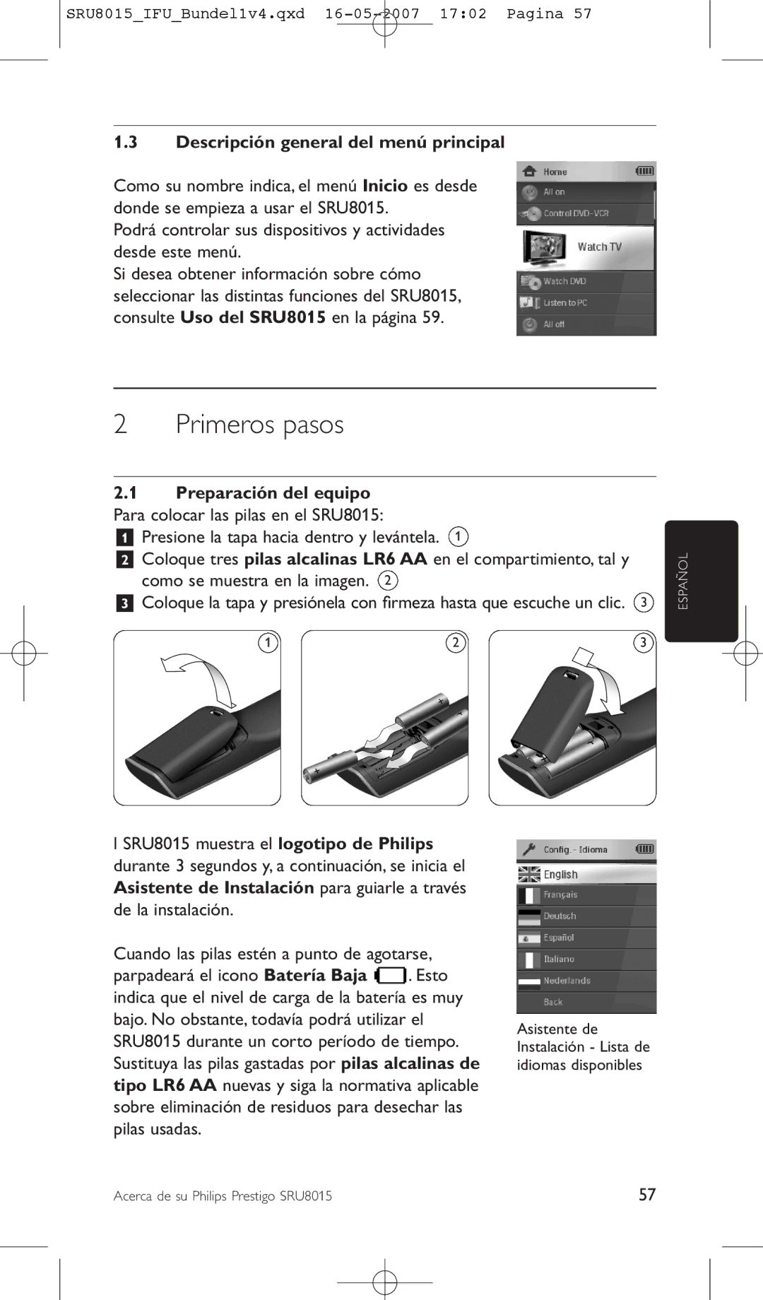 Philips SRU8015 manual Primeros pasos, Descripción general del menú principal 