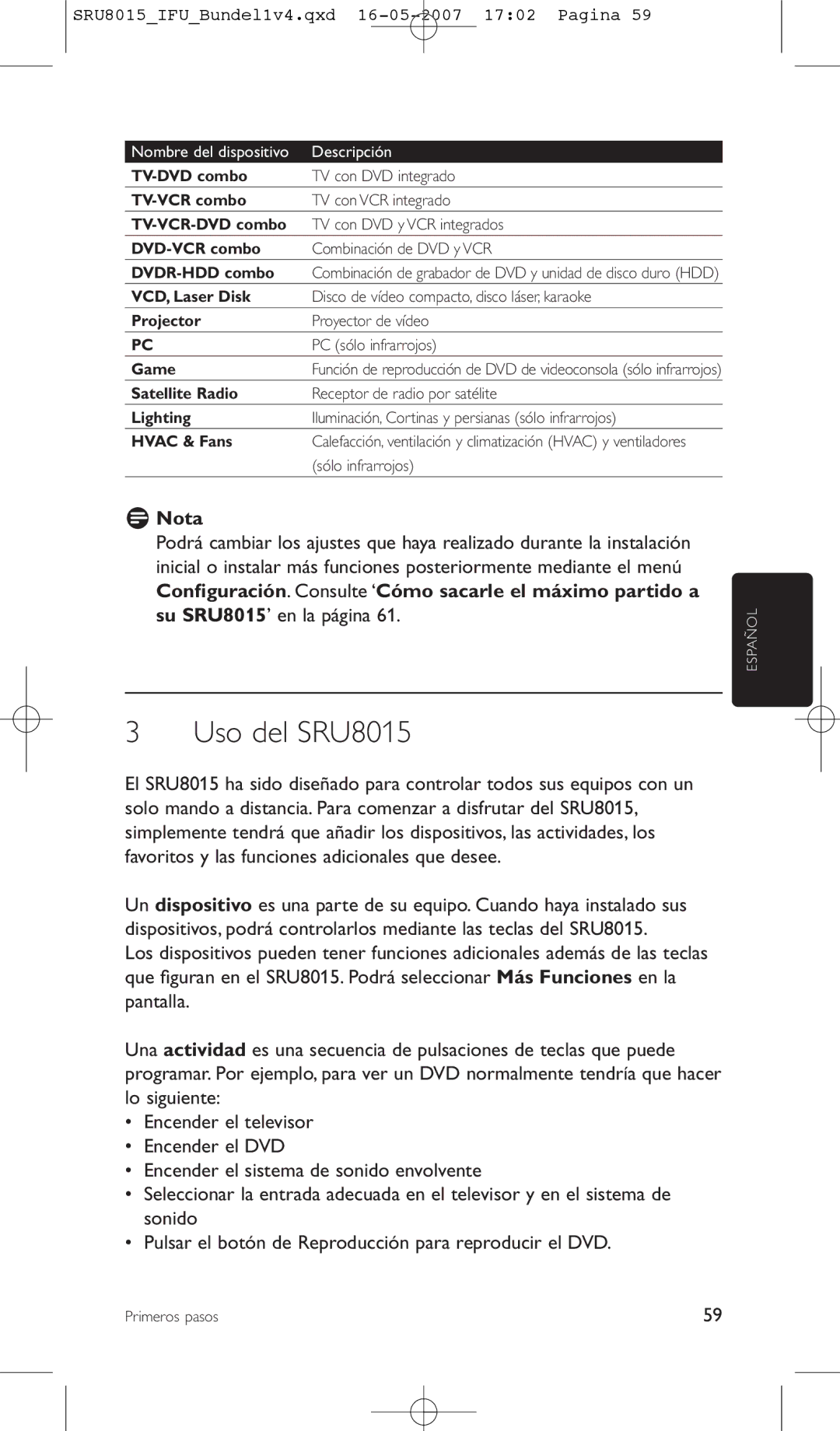 Philips manual Uso del SRU8015 