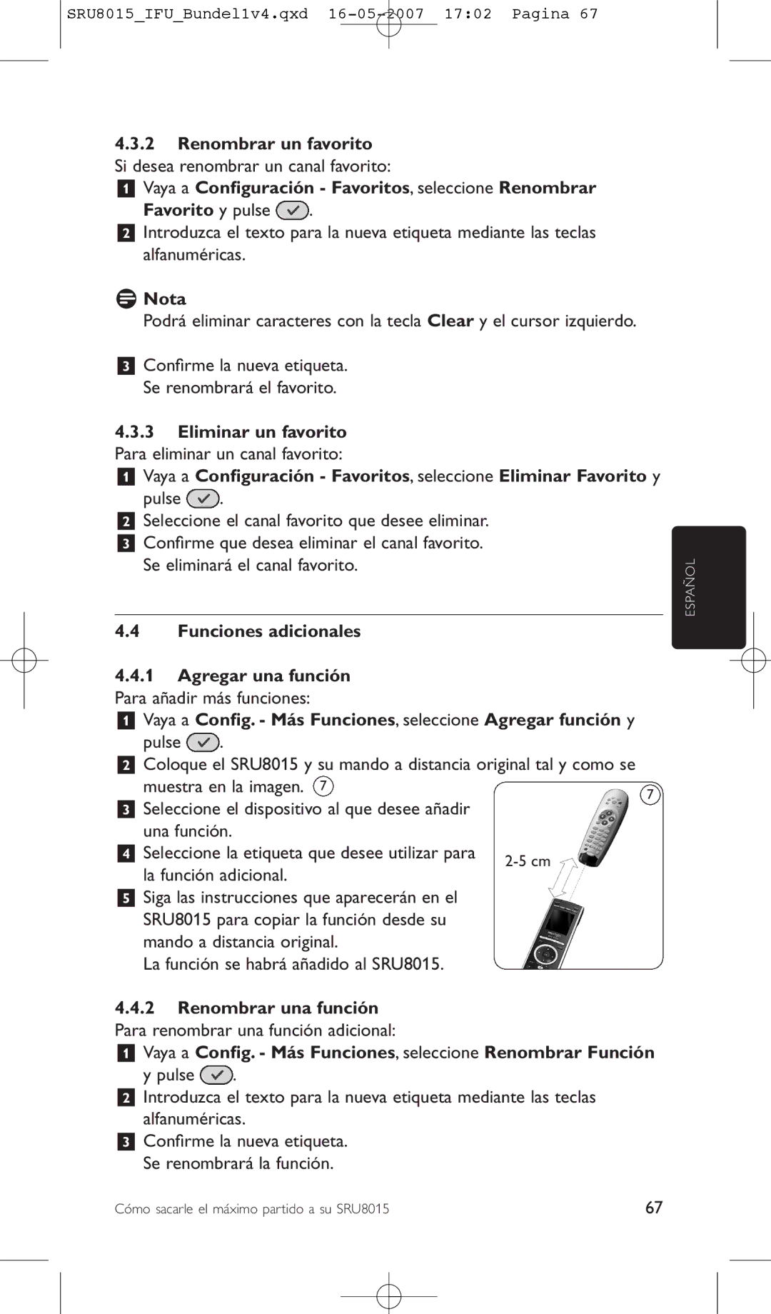 Philips SRU8015 manual Pulse, Vaya a Conﬁg. Más Funciones, seleccione Renombrar Función 