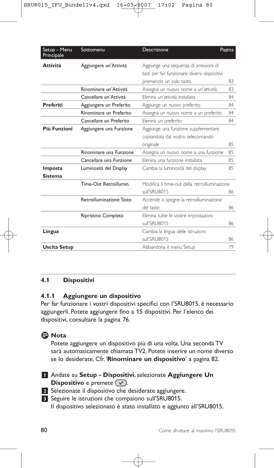 Philips SRU8015 manual Dispositivi Aggiungere un dispositivo, Attività 