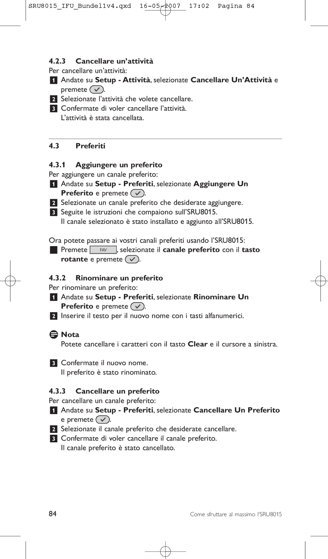 Philips SRU8015 manual Andate su Setup Preferiti, selezionate Aggiungere Un 