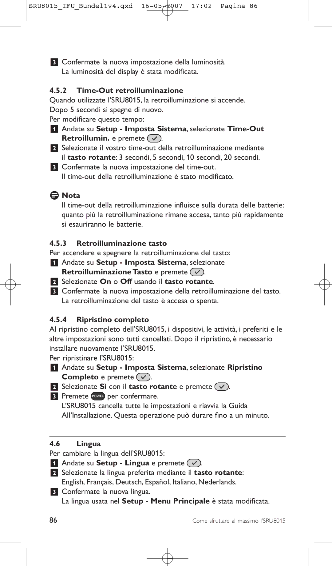 Philips SRU8015 manual Time-Out retroilluminazione, Retroilluminazione tasto, Retroilluminazione Tasto e premete, Lingua 