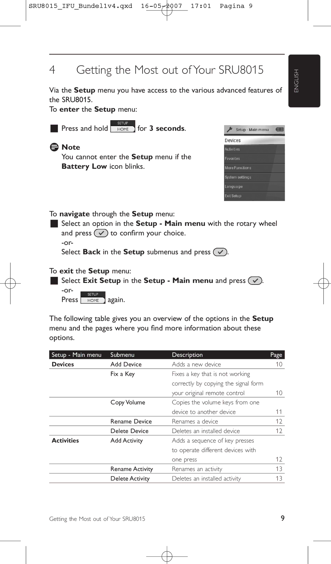 Philips manual Getting the Most out of Your SRU8015, Select Exit Setup in the Setup Main menu and press 