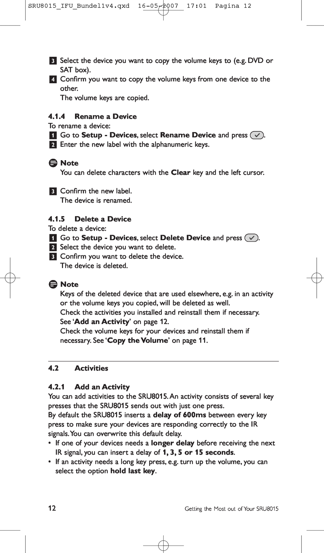 Philips SRU8015 manual Rename a Device To rename a device, Delete a Device, Activities 4.2.1 Add an Activity, D Note 