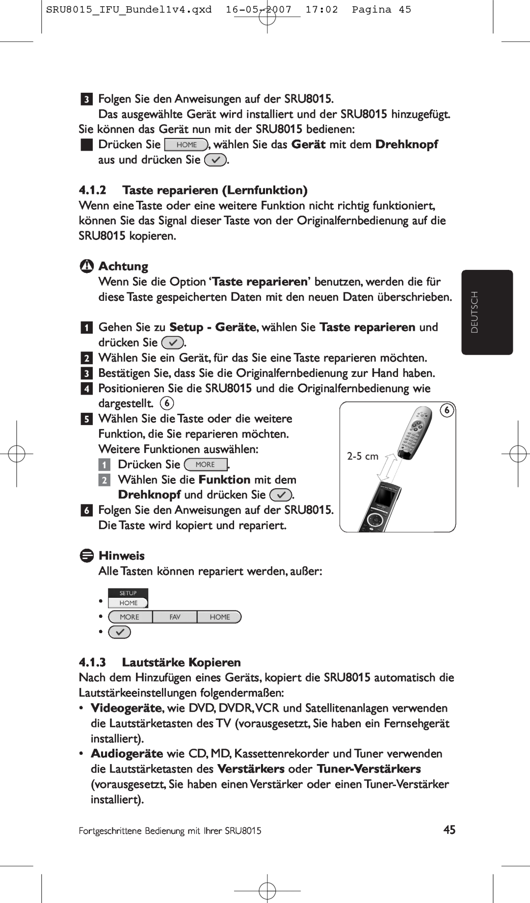 Philips SRU8015 manual Taste reparieren Lernfunktion, B Achtung, Lautstärke Kopieren, D Hinweis, Drücken Sie 