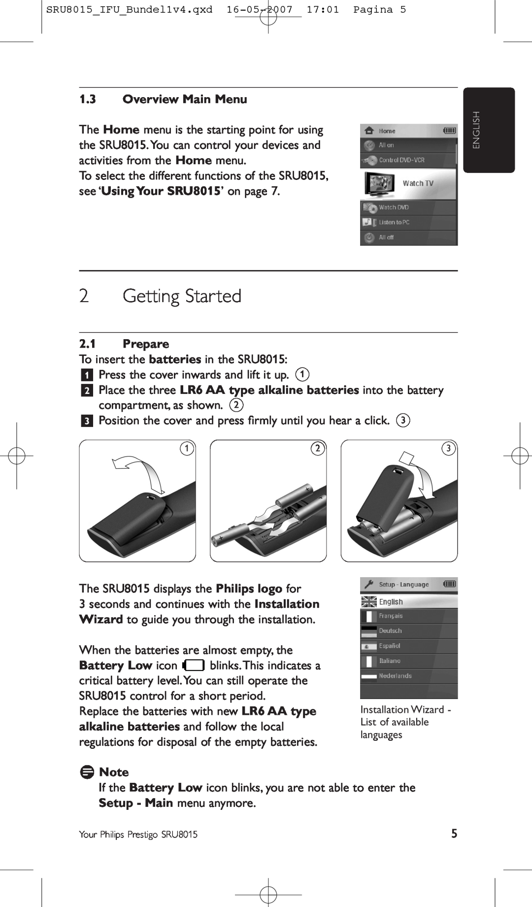 Philips SRU8015 manual Getting Started, Overview Main Menu, Prepare, D Note 