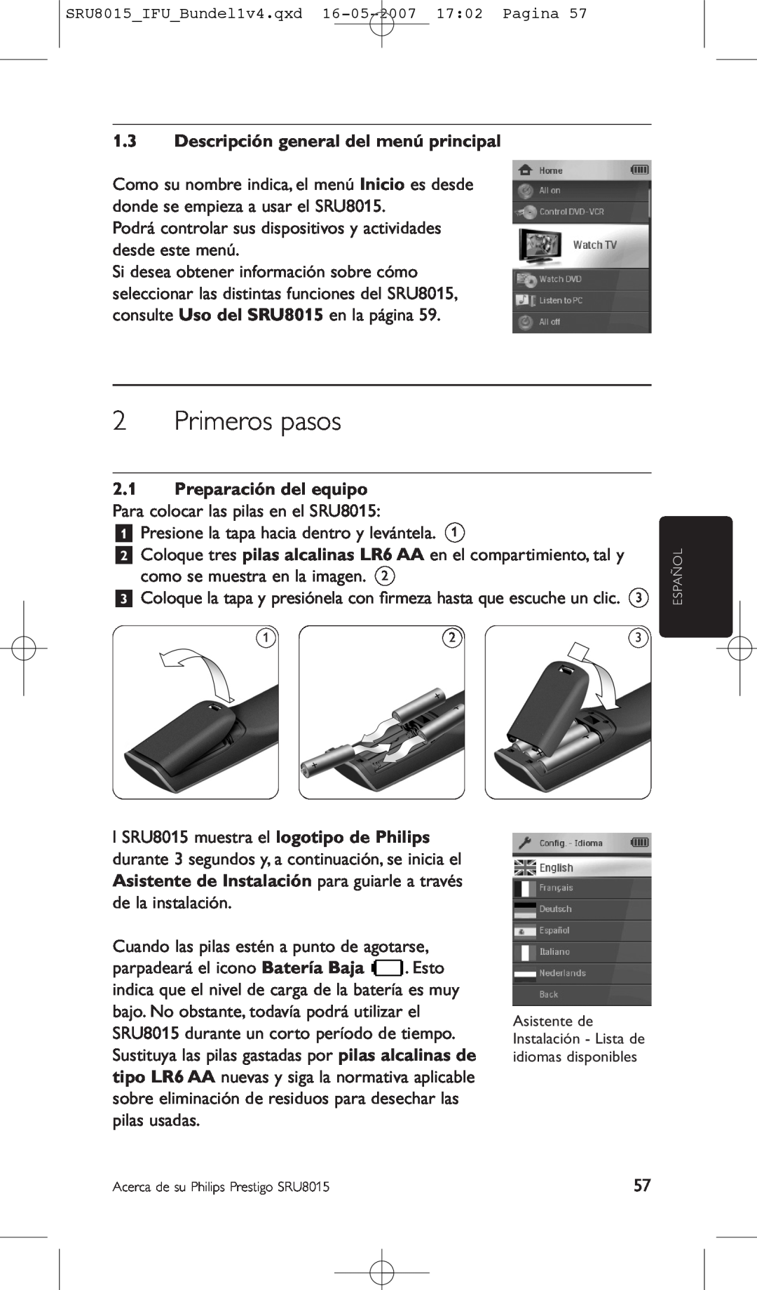 Philips SRU8015 manual Primeros pasos, Descripción general del menú principal 