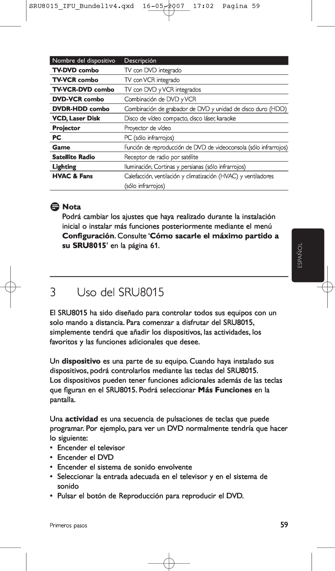Philips manual Uso del SRU8015, D Nota 