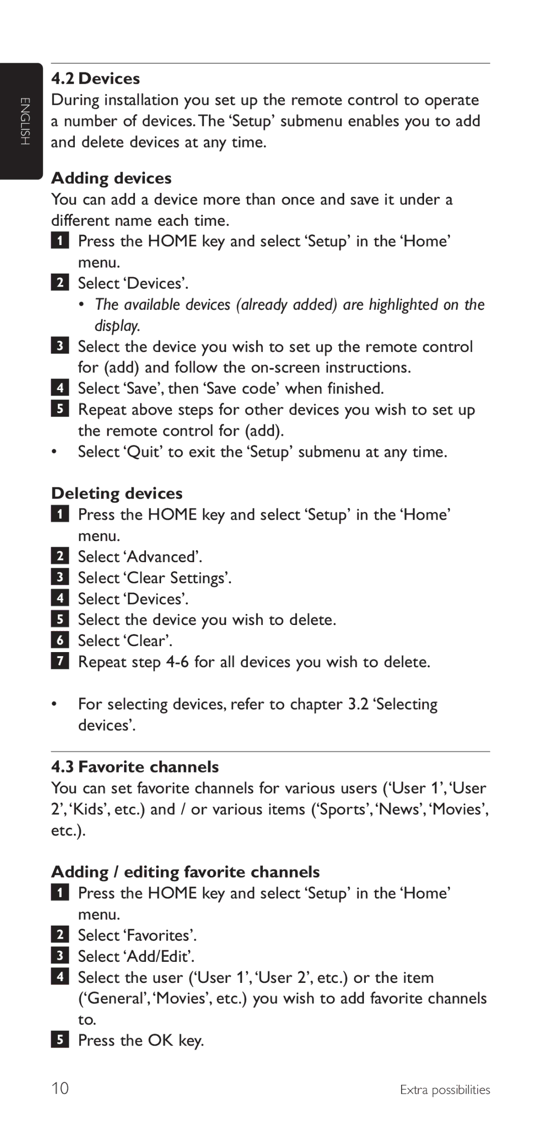 Philips SRU8112/27 manual Devices, Adding devices, Deleting devices, Favorite channels, Adding / editing favorite channels 