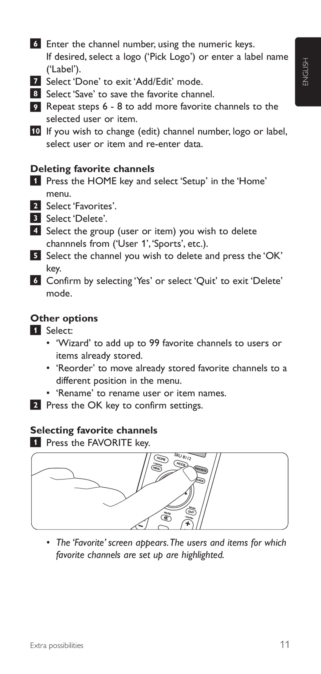 Philips SRU8112/27 manual Deleting favorite channels, Other options, Selecting favorite channels, Press the Favorite key 