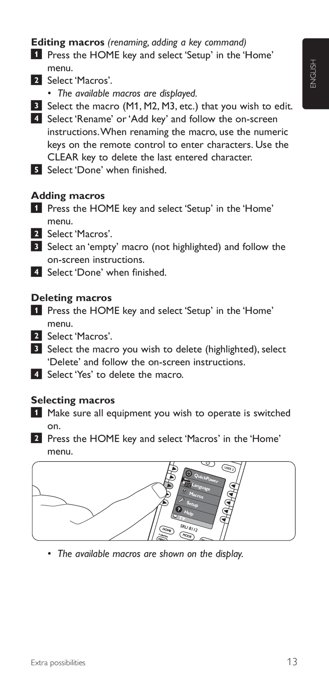 Philips SRU8112/27 manual Select the macro M1, M2, M3, etc. that you wish to edit, Adding macros, Deleting macros 