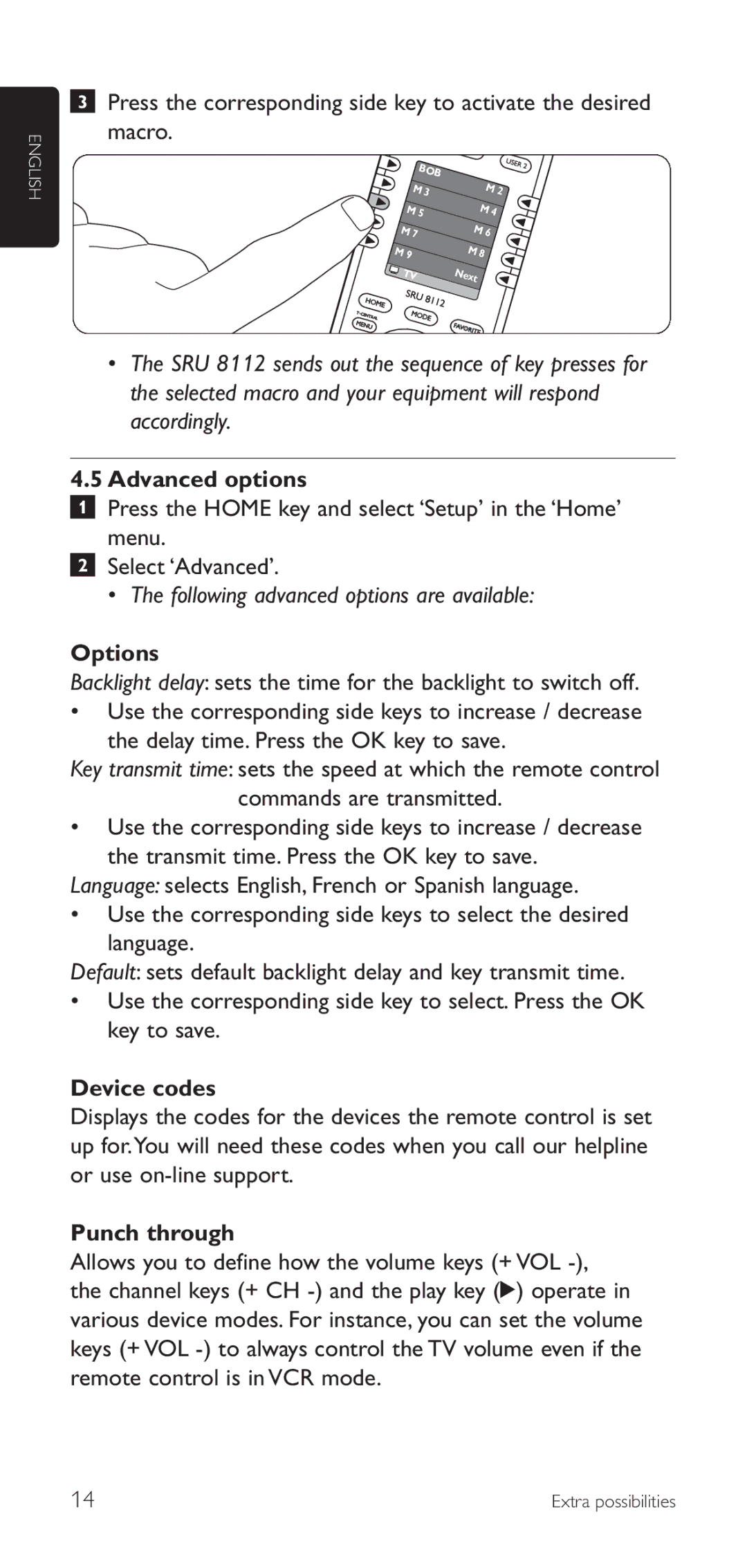 Philips SRU8112/27 manual Advanced options, Options, Device codes, Punch through 