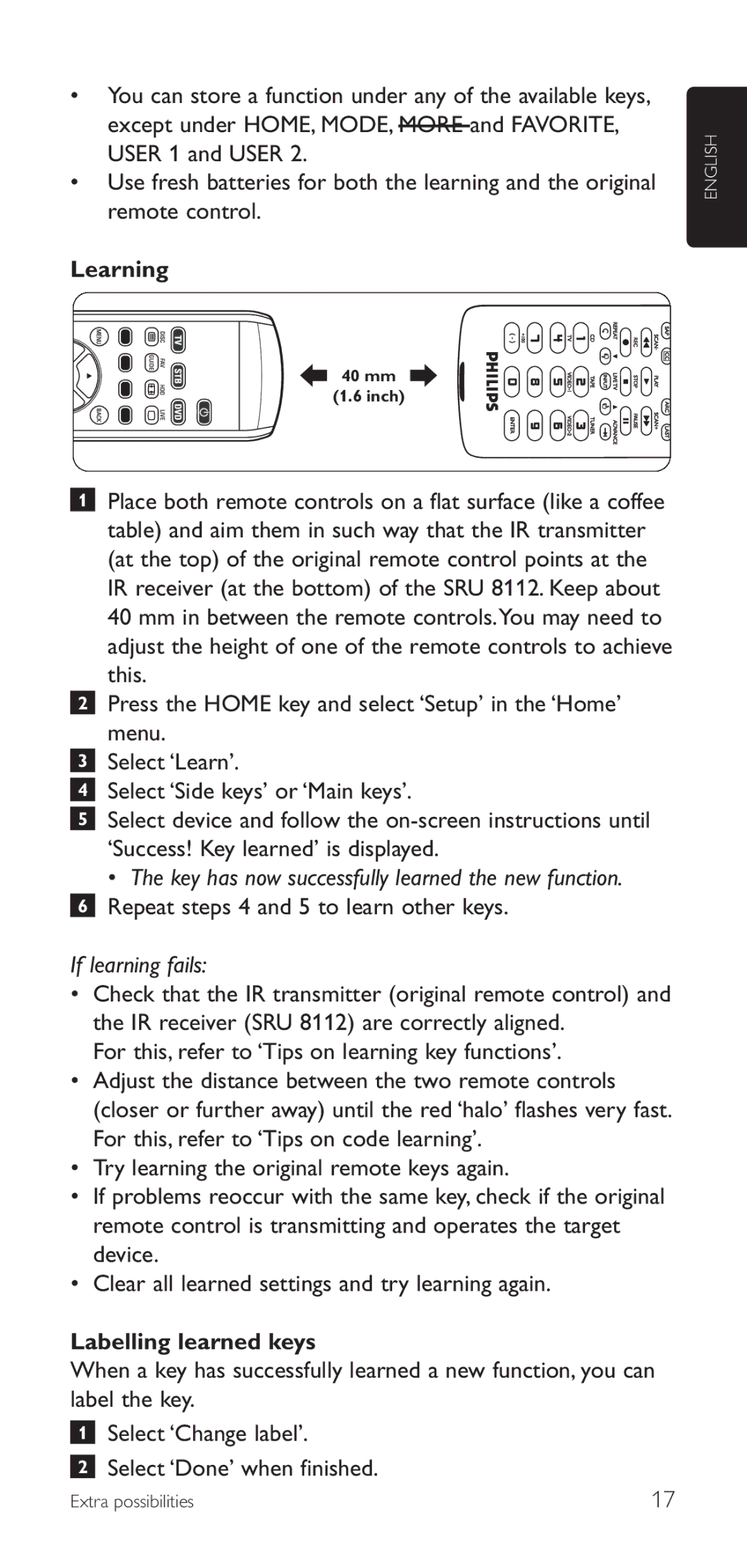 Philips SRU8112/27 manual Learning, Repeat steps 4 and 5 to learn other keys, Labelling learned keys 