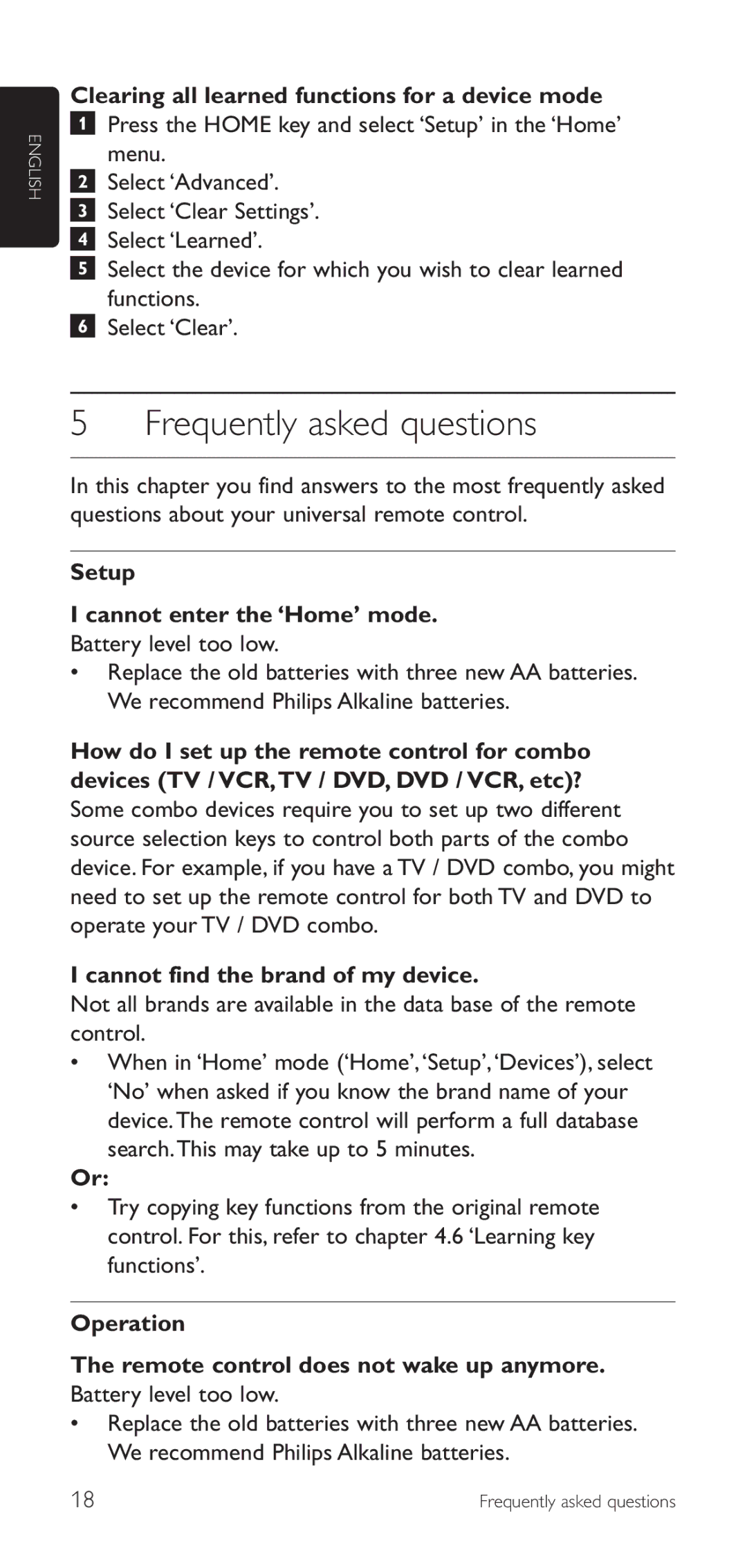 Philips SRU8112/27 manual Frequently asked questions, Clearing all learned functions for a device mode 