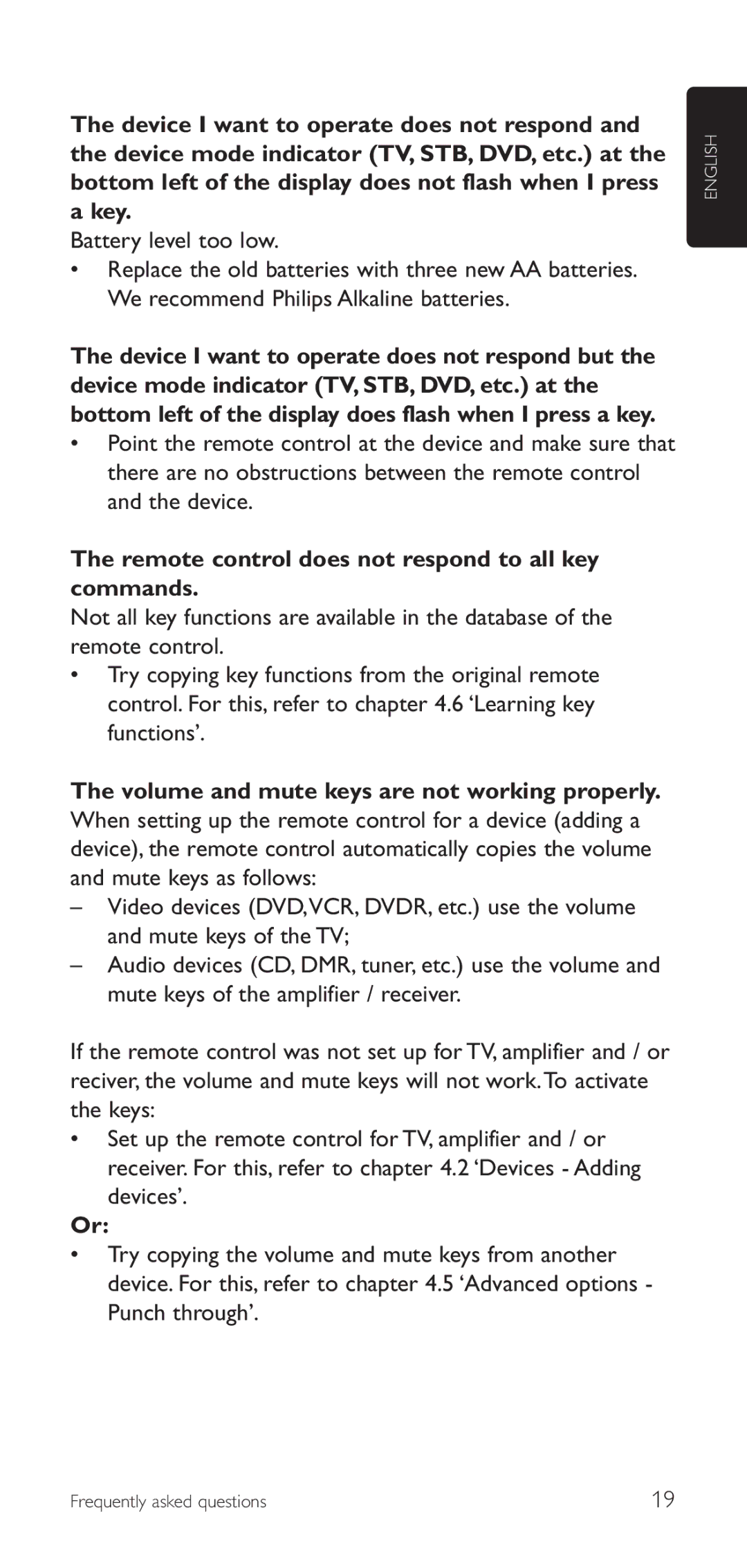 Philips SRU8112/27 Remote control does not respond to all key commands, Volume and mute keys are not working properly 