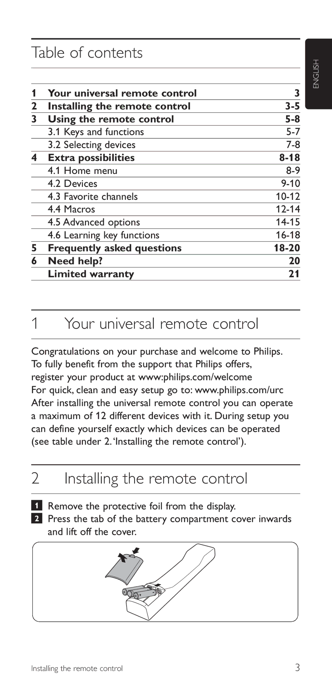 Philips SRU8112/27 manual Table of contents, Your universal remote control Installing the remote control 