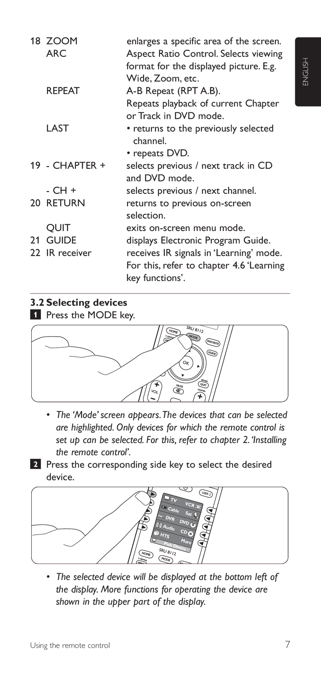 Philips SRU8112/27 manual Selecting devices 