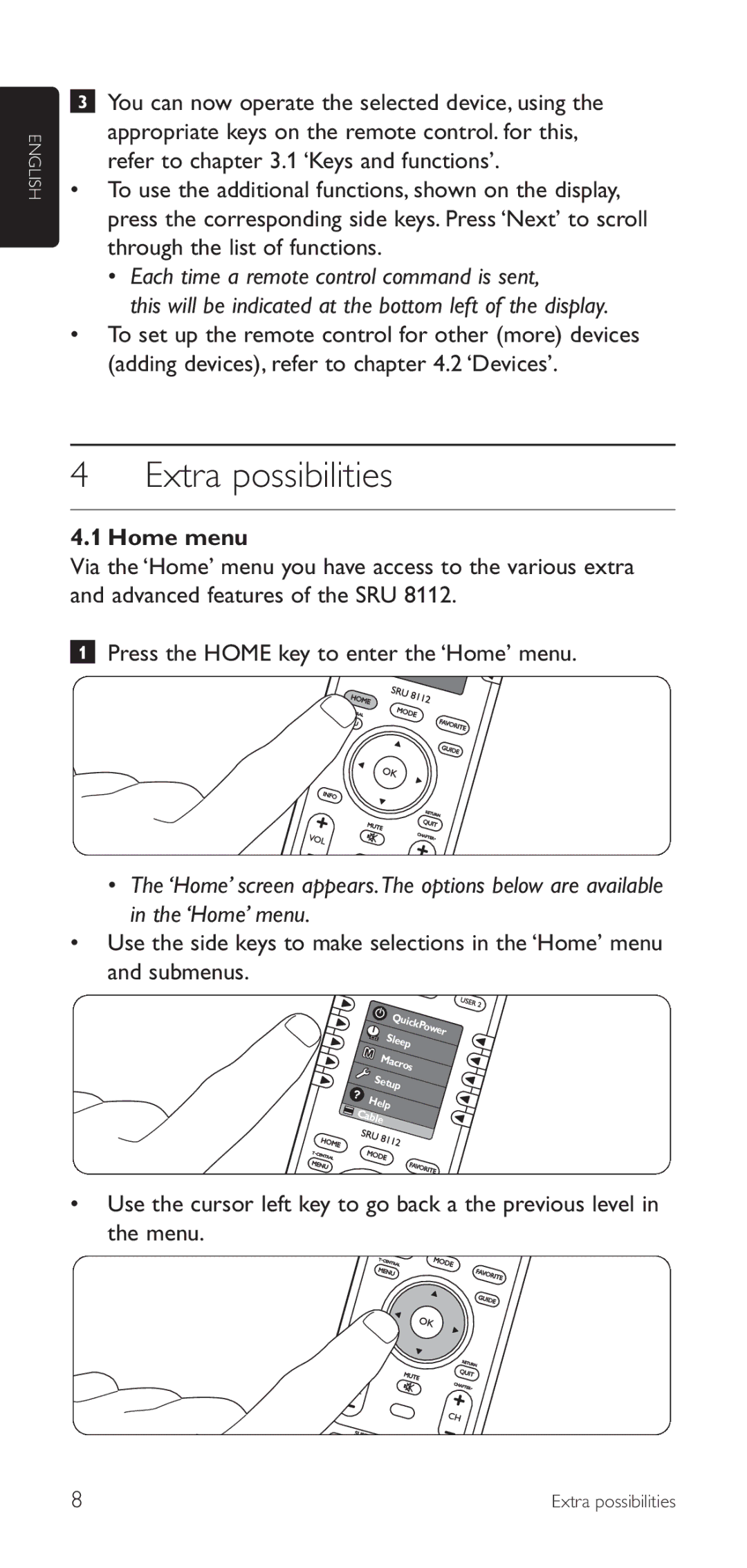 Philips SRU8112/27 manual Extra possibilities, Home menu 