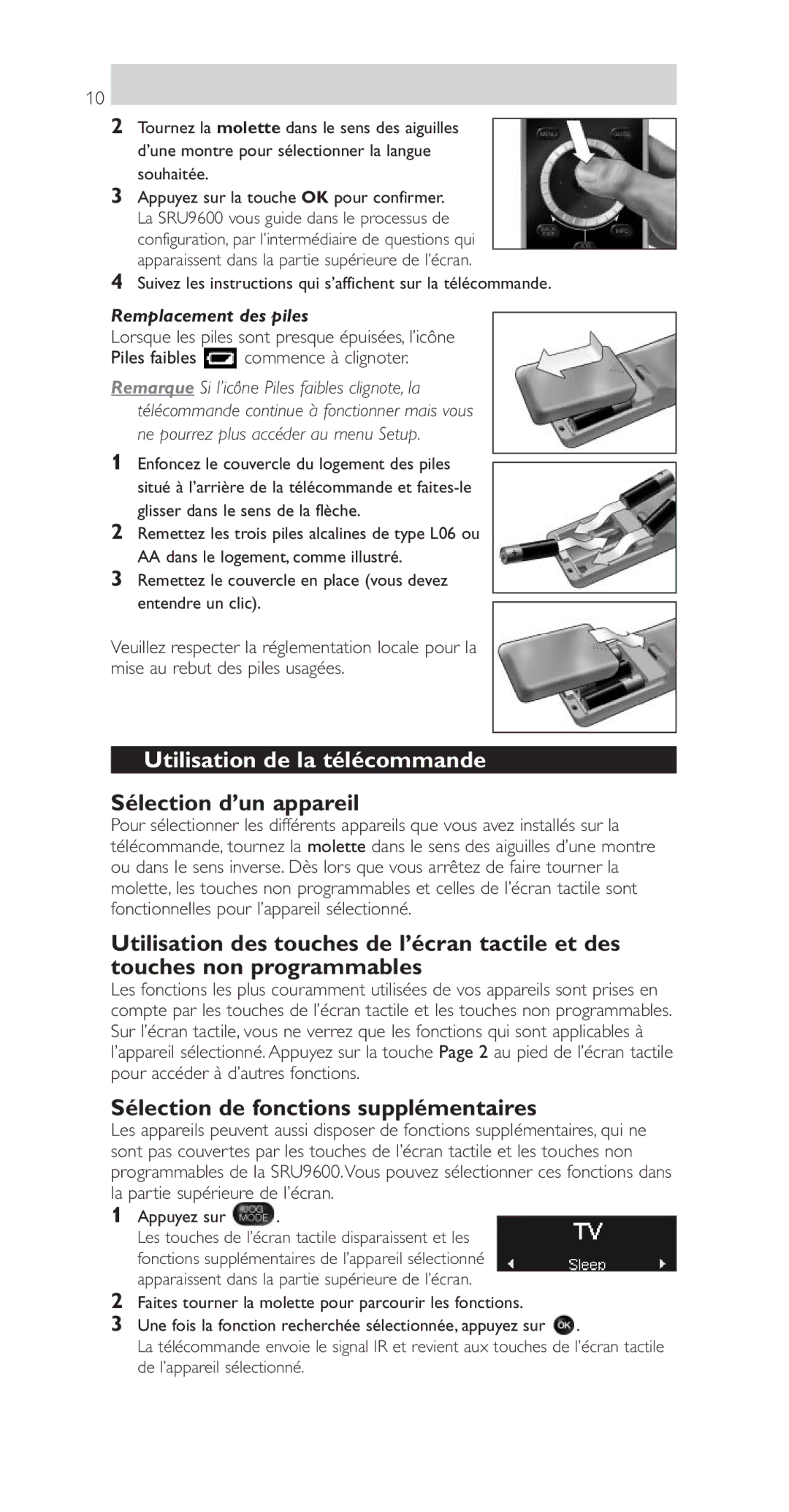 Philips SRU9600 manual Utilisation de la télécommande, Sélection d’un appareil, Sélection de fonctions supplémentaires 