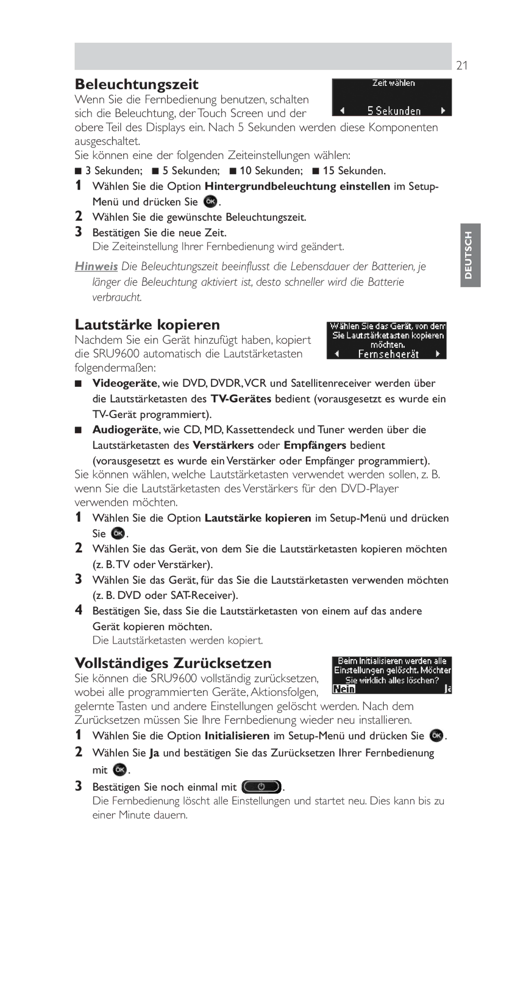 Philips SRU9600 manual Beleuchtungszeit, Lautstärke kopieren, Vollständiges Zurücksetzen 