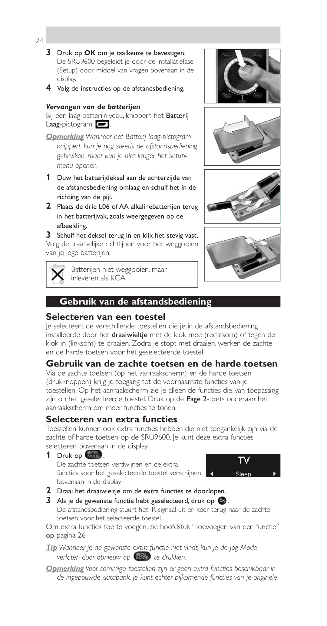 Philips SRU9600 manual Gebruik van de afstandsbediening, Selecteren van een toestel, Selecteren van extra functies 