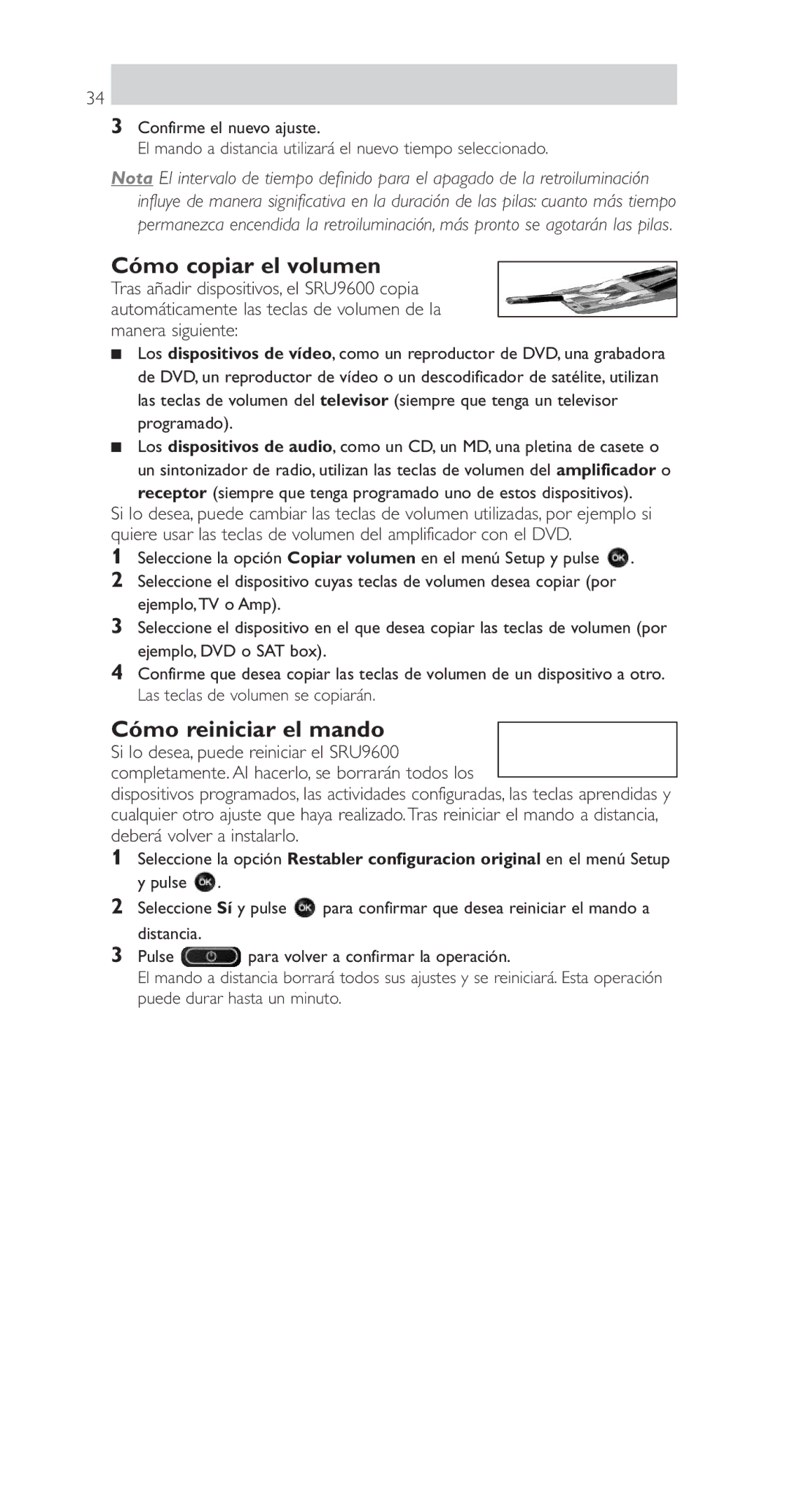Philips SRU9600 manual Cómo copiar el volumen, Cómo reiniciar el mando 