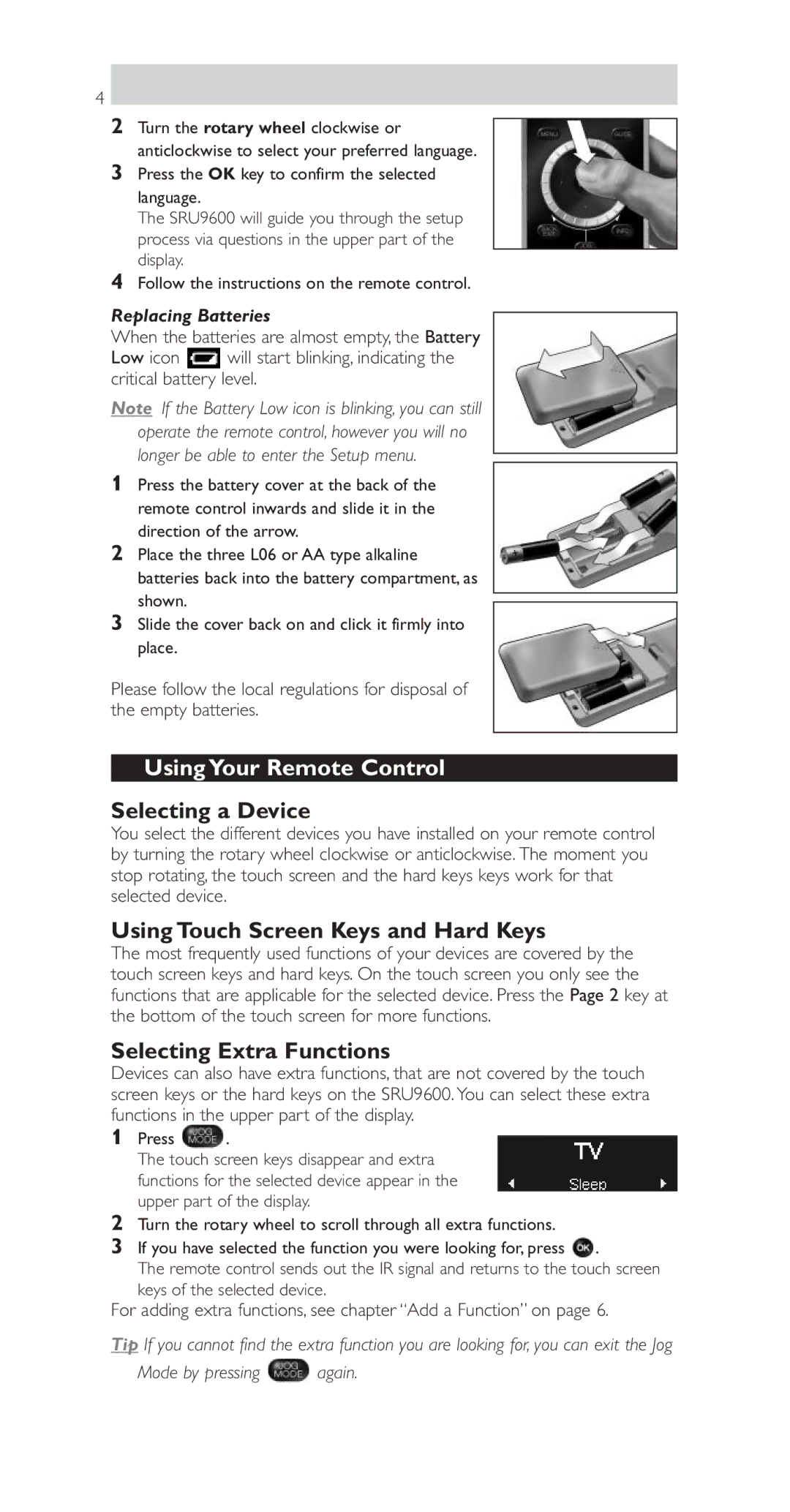 Philips SRU9600 Using Your Remote Control, Selecting a Device, Using Touch Screen Keys and Hard Keys, Replacing Batteries 