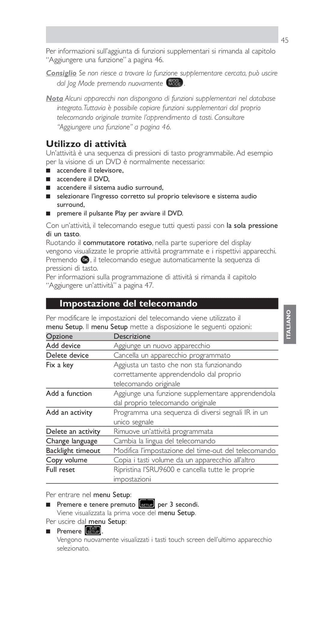 Philips SRU9600 manual Utilizzo di attività, Impostazione del telecomando, Dal Jog Mode premendo nuovamente 