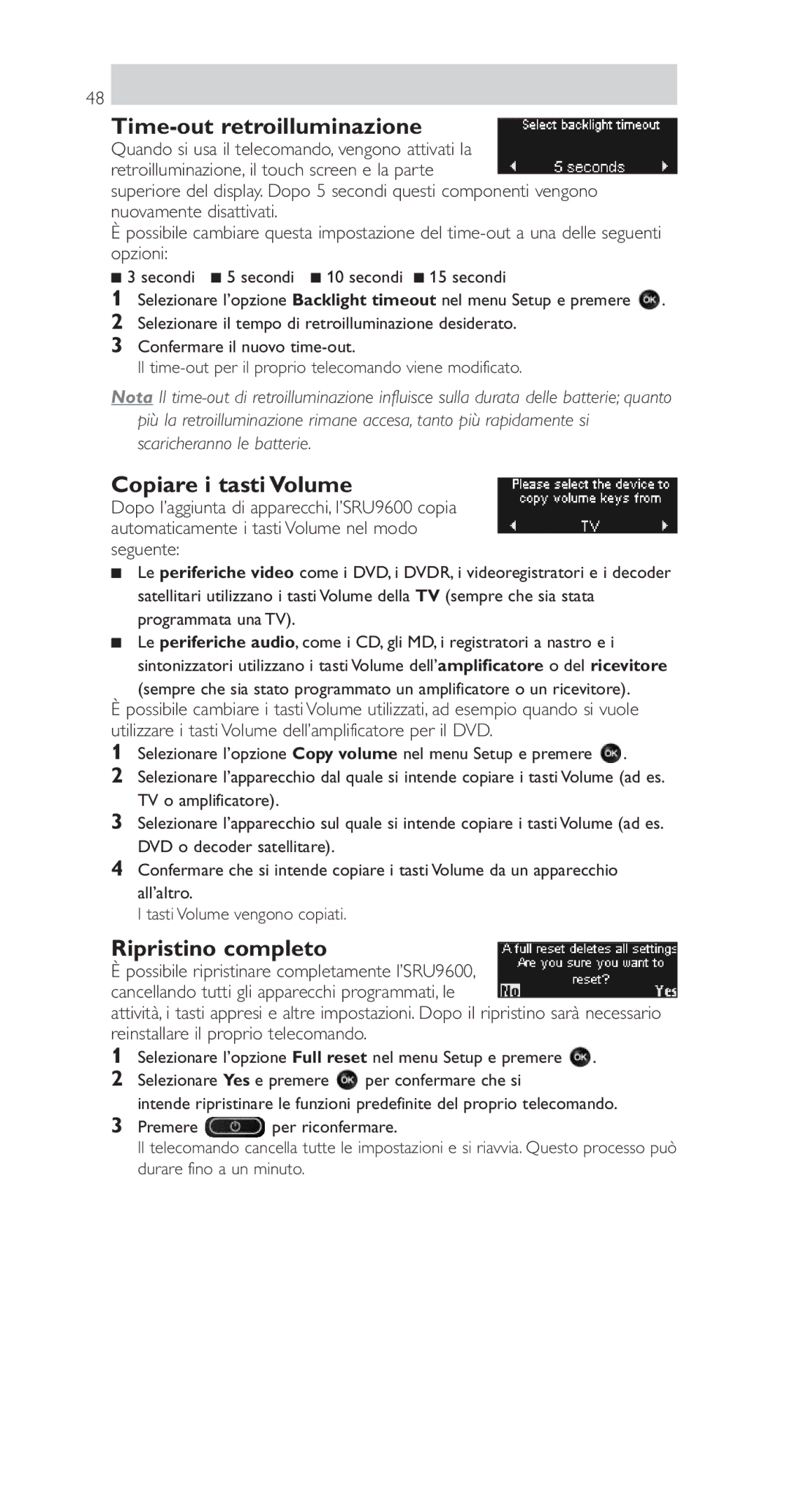 Philips SRU9600 manual Time-out retroilluminazione, Copiare i tasti Volume, Ripristino completo 