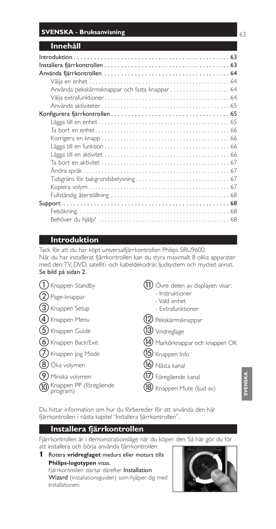 Philips SRU9600 manual Innehåll, Installera fjärrkontrollen, Övre delen av displayen visar 