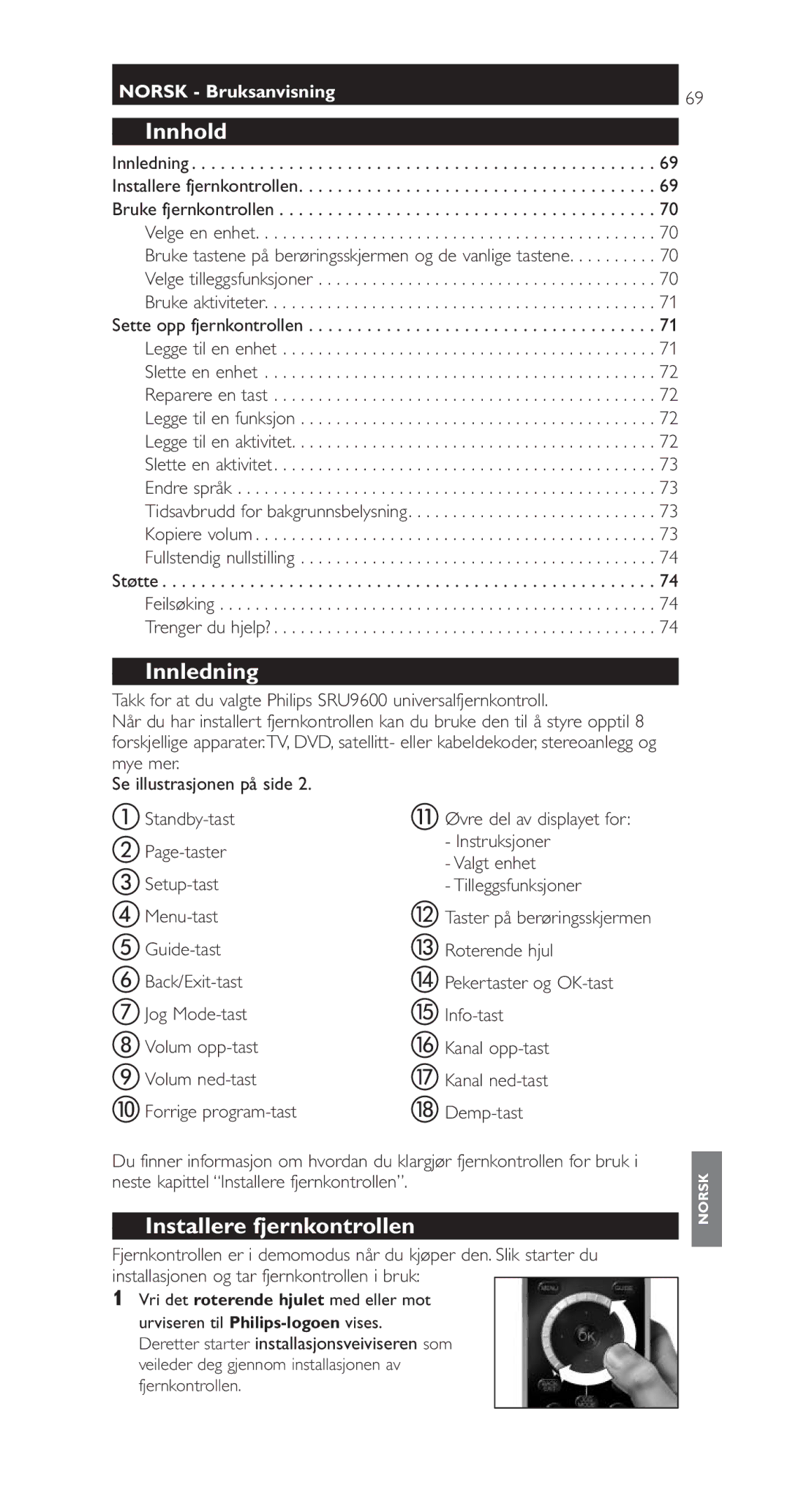 Philips SRU9600 manual Innhold, Innledning, Installere fjernkontrollen 