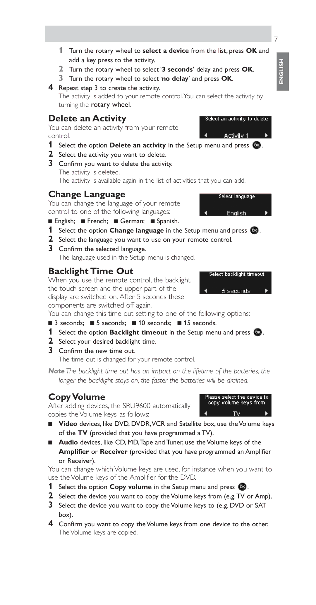 Philips SRU9600 manual Delete an Activity, Change Language, Backlight Time Out, Copy Volume 