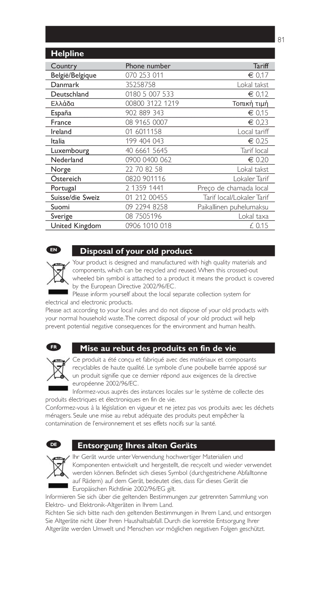 Philips SRU9600 manual Suisse/die Sweiz 01 212, Suomi 09 2294, Sverige Lokal taxa United Kingdom 0906 1010 