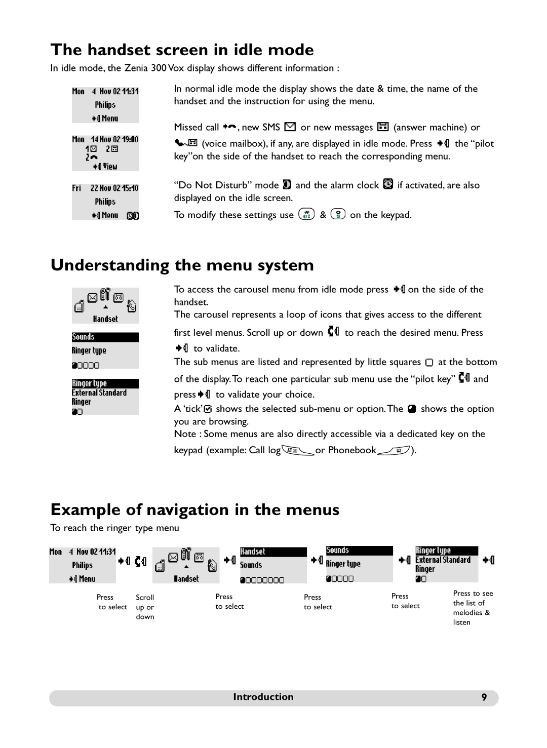 Philips SS071P manual Handset screen in idle mode, Understanding the menu system, Example of navigation in the menus 